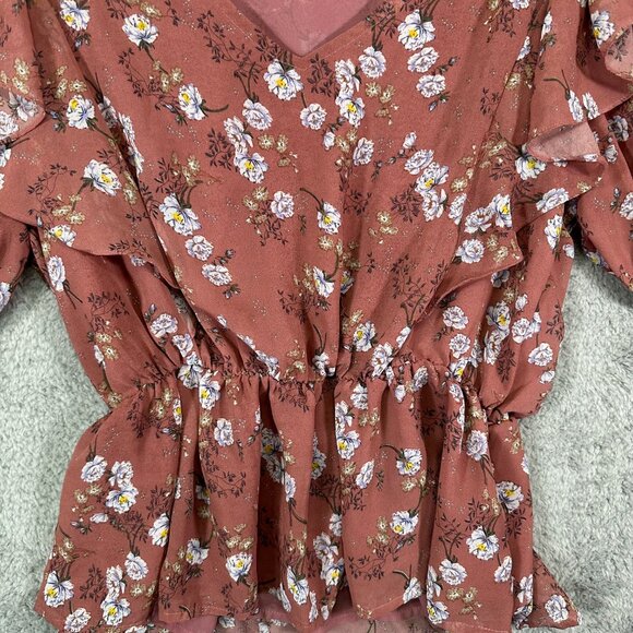 Entro Floral Ruffled V-Neck Top Flutter Sleeves - Picture 4 of 10